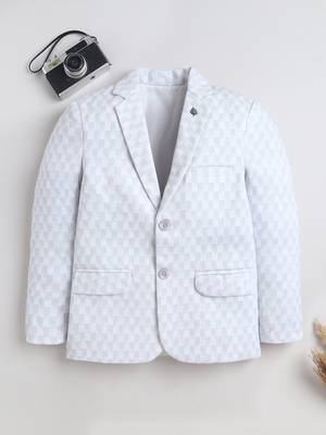Boys powder blue cotton blend knitted geometric textured single-breasted blazer 1