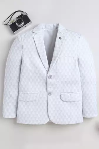 Boys powder blue cotton blend knitted geometric textured single-breasted blazer