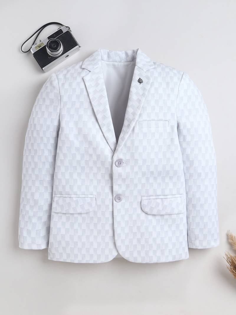 Boys powder blue cotton blend knitted geometric textured single-breasted blazer