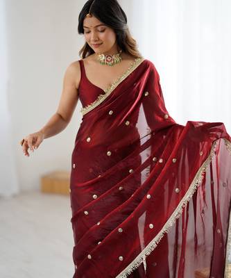 Maroon tissue satin sequins saree with unstitched blouse piece. 4