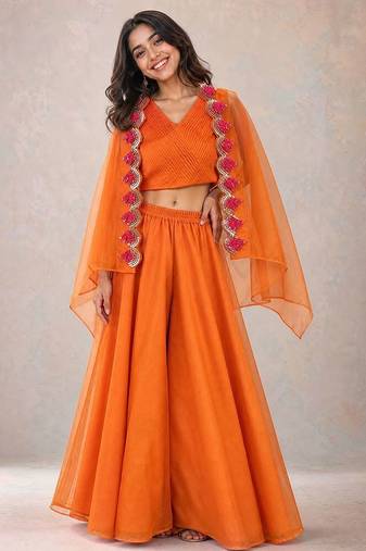 Orange embroidered organza cape co ord set