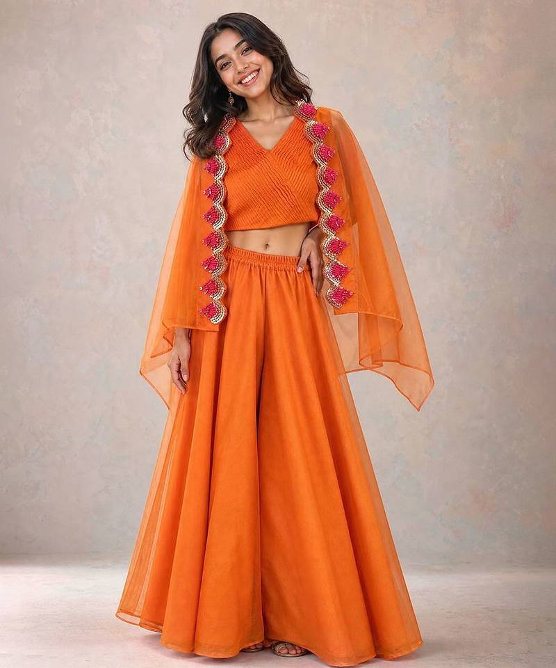 Orange embroidered organza cape co ord set