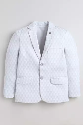 Boys powder blue cotton blend knitted geometric textured single-breasted blazer