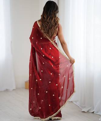 Maroon tissue satin sequins saree with unstitched blouse piece. 5