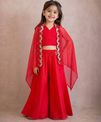 Red embroidered organza cape co ord set 1
