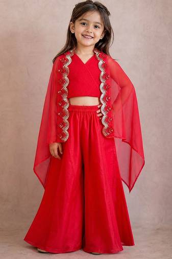 Red embroidered organza cape co ord set