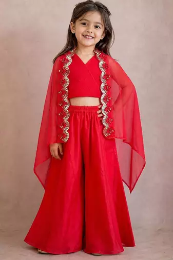 Red embroidered organza cape co ord set