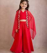 Red embroidered organza cape co ord set