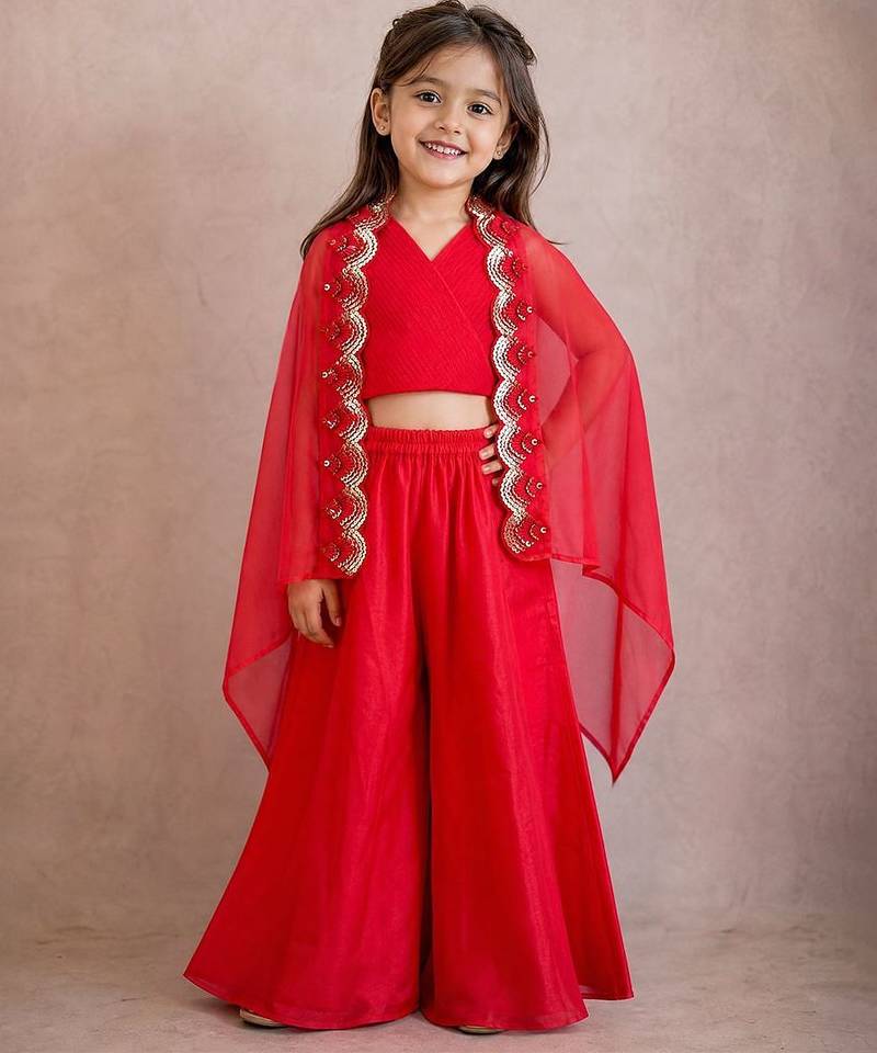 Red embroidered organza cape co ord set