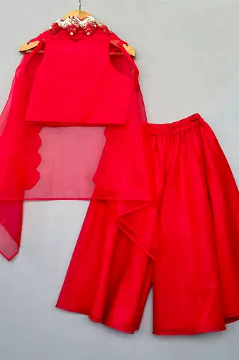 Red embroidered organza cape co ord set