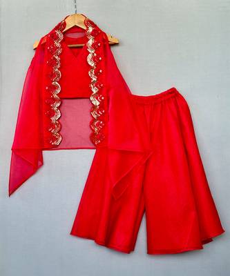 Red embroidered organza cape co ord set 3