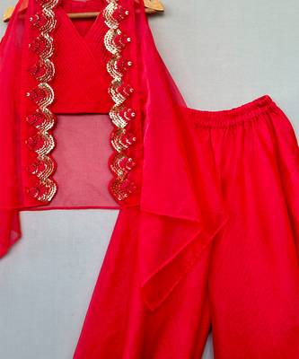 Red embroidered organza cape co ord set 4