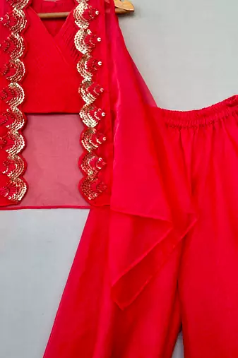 Red embroidered organza cape co ord set