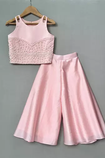 Pink embroidered satin co ord set