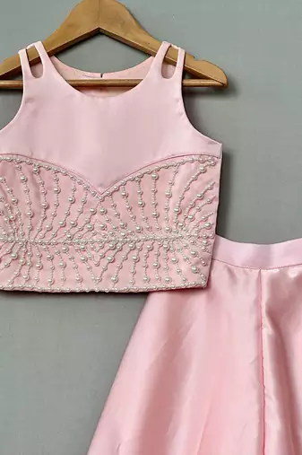 Pink embroidered satin co ord set
