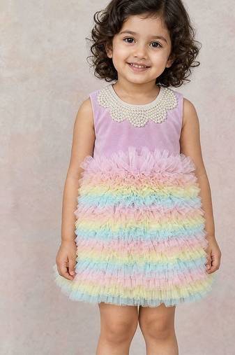 Multicolor embroidered velvet net frock