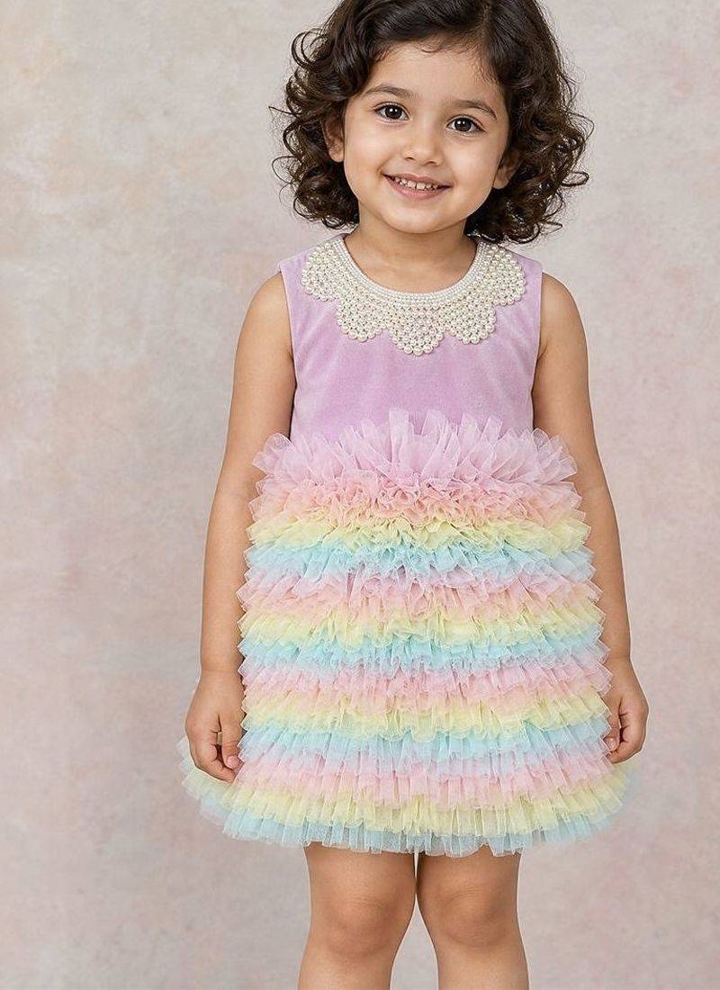 Multicolor embroidered velvet net frock