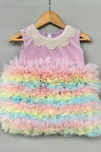 Multicolor embroidered velvet net frock