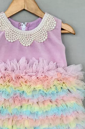 Multicolor embroidered velvet net frock