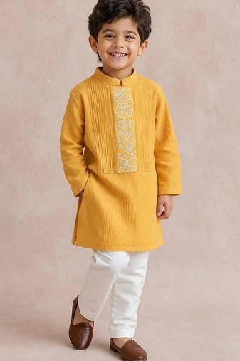 Yellow embroidered cotton kurta set