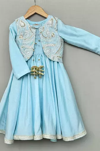 Sky blue embroidered silk anarkali jacket set