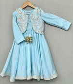 Sky blue embroidered silk anarkali jacket set