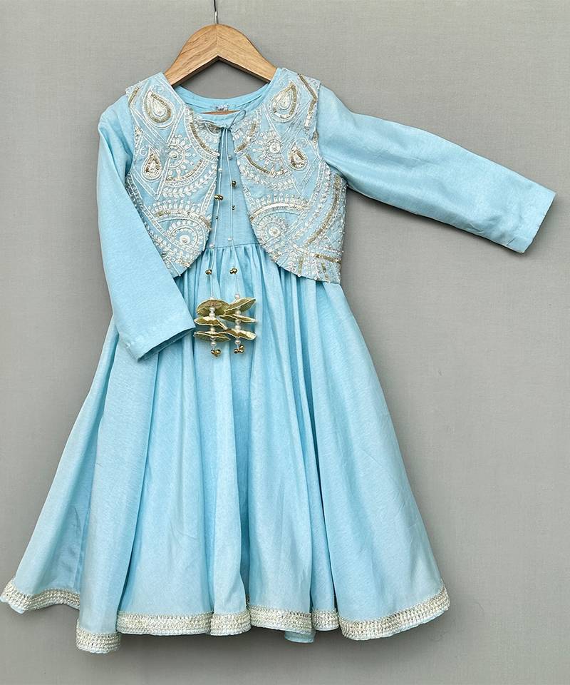 Sky blue embroidered silk anarkali jacket set