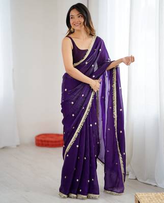 Purple tissue satin sequins saree with unstitched blouse piece. 2
