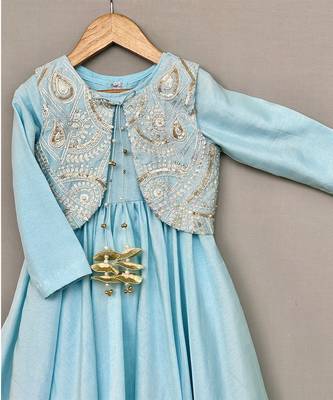Sky blue embroidered silk anarkali jacket set 2