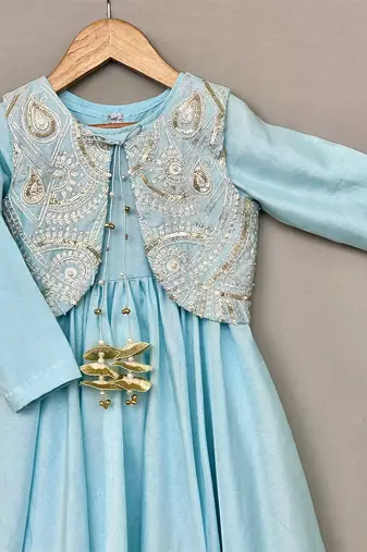 Sky blue embroidered silk anarkali jacket set