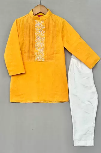Yellow embroidered cotton kurta set