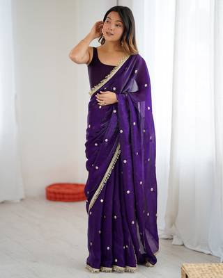 Purple tissue satin sequins saree with unstitched blouse piece. 3