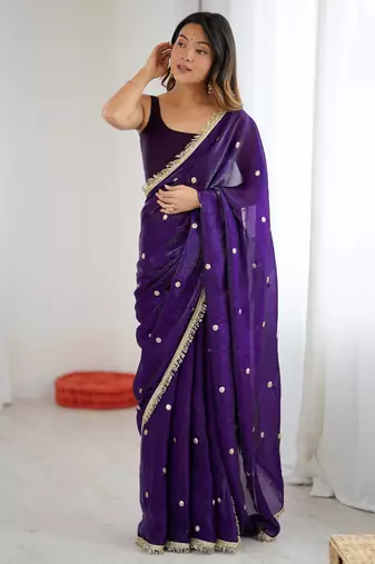 Purple tissue satin sequins saree with unstitched blouse piece.