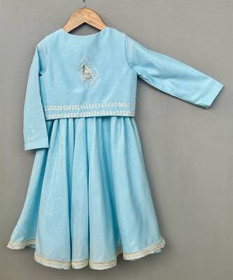 Sky blue embroidered silk anarkali jacket set 3