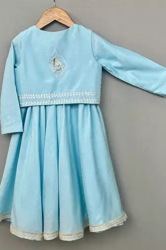 Sky blue embroidered silk anarkali jacket set