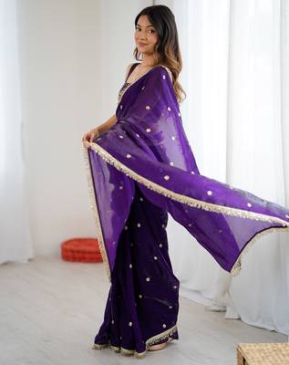 Purple tissue satin sequins saree with unstitched blouse piece. 4