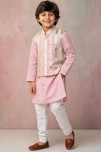 Pink embroidered chanderi silk kurta jacket set