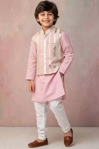 Pink embroidered chanderi silk kurta jacket set