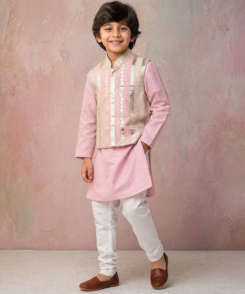 Pink embroidered chanderi silk kurta jacket set