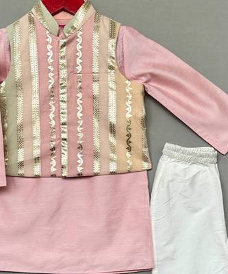 Pink embroidered chanderi silk kurta jacket set 2