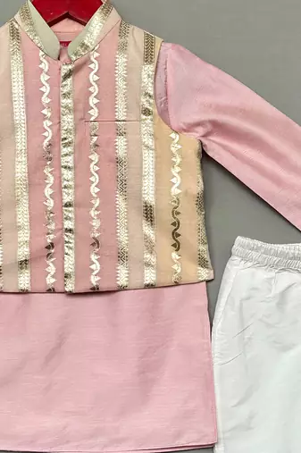 Pink embroidered chanderi silk kurta jacket set