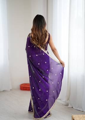 Purple tissue satin sequins saree with unstitched blouse piece. 5