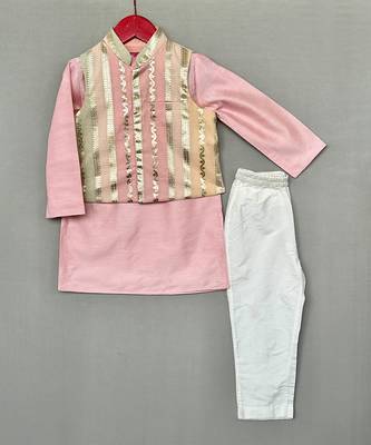 Pink embroidered chanderi silk kurta jacket set 3