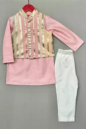 Pink embroidered chanderi silk kurta jacket set