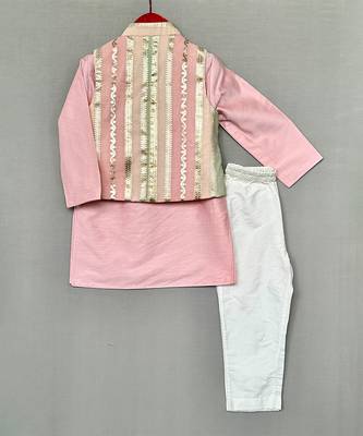 Pink embroidered chanderi silk kurta jacket set 4