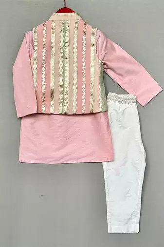 Pink embroidered chanderi silk kurta jacket set