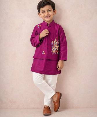 Purple embroidered silk kurta jacket set 1