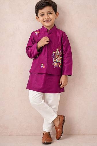 Purple embroidered silk kurta jacket set
