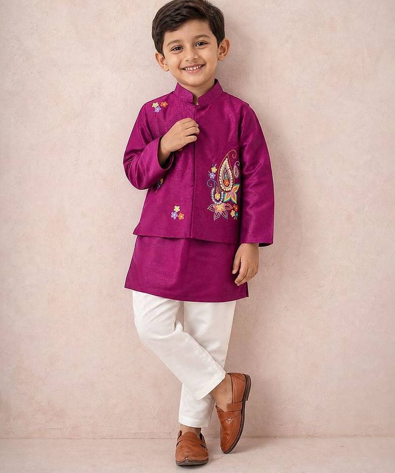 Purple embroidered silk kurta jacket set