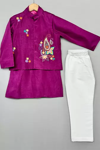 Purple embroidered silk kurta jacket set